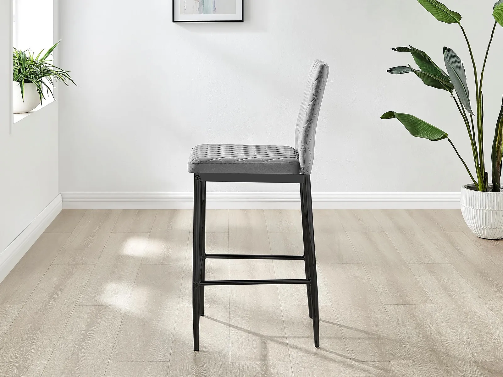 FurnitureboxUK Set of 2 Milan Soft Touch Hatched Velvet Padded Counter Stools With Black Metal Legs in Grey 4