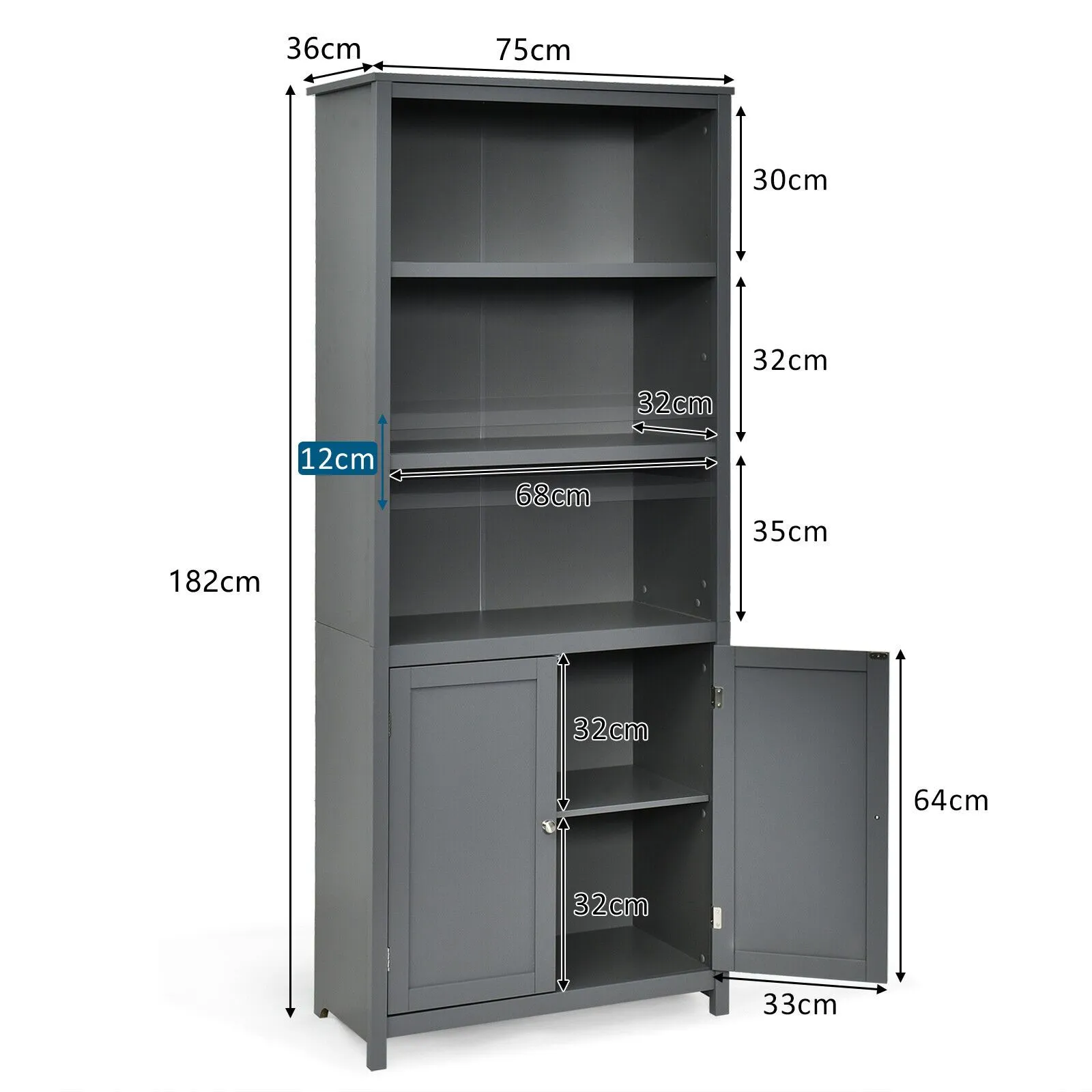 Costway Wooden Tall Bookcase 3-Tier Shelving Storage Cabinet 2 Doors Display Organizer in Grey 2