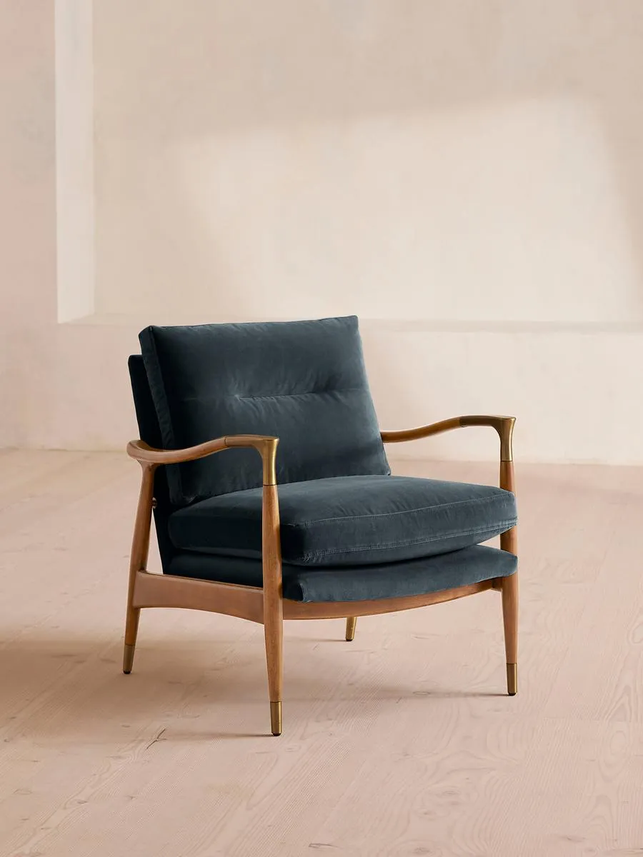 Theodore Oak Armchair, Velvet, Grey Blue