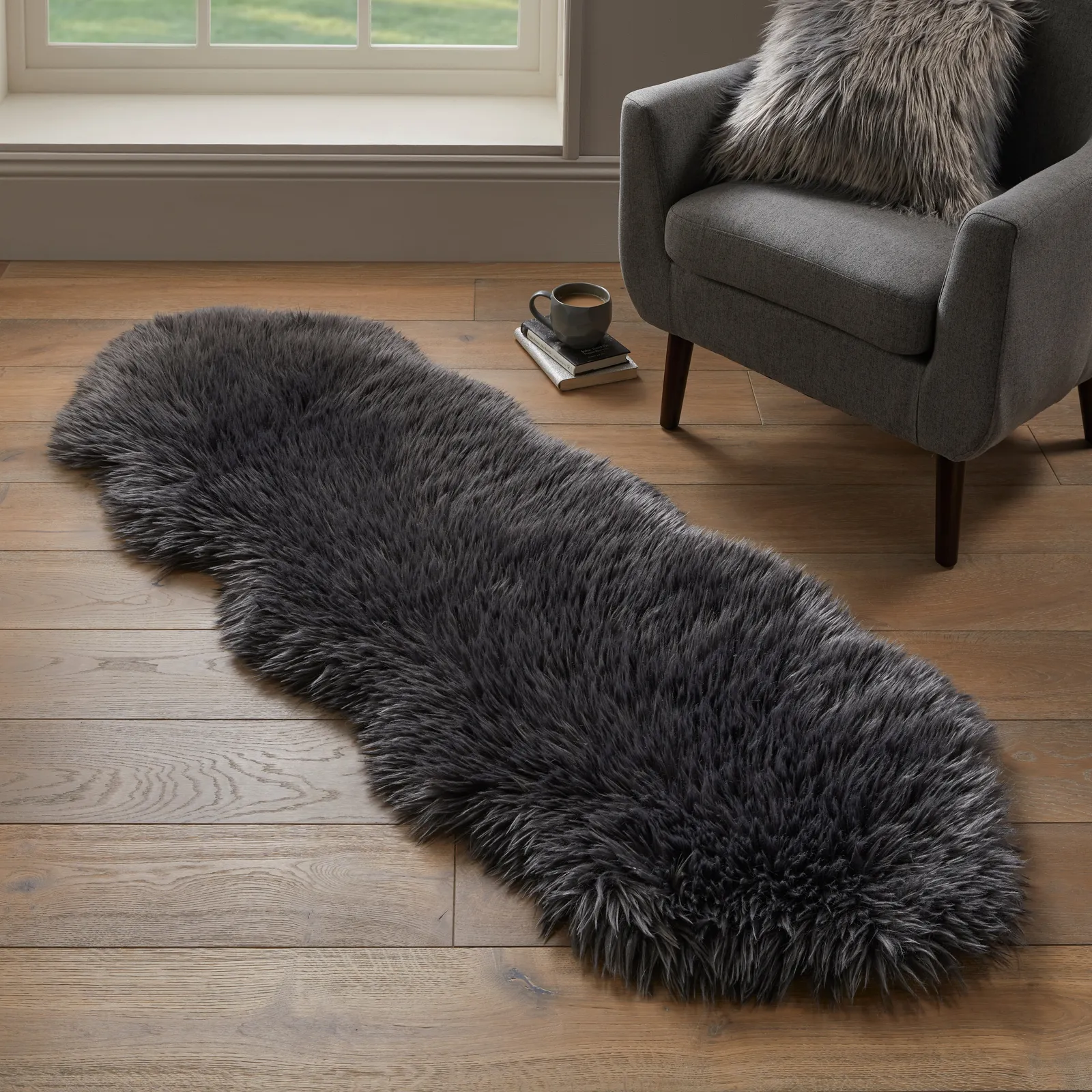 Luxe Double Pelt Faux Sheepskin Rug Luxe Charcoal