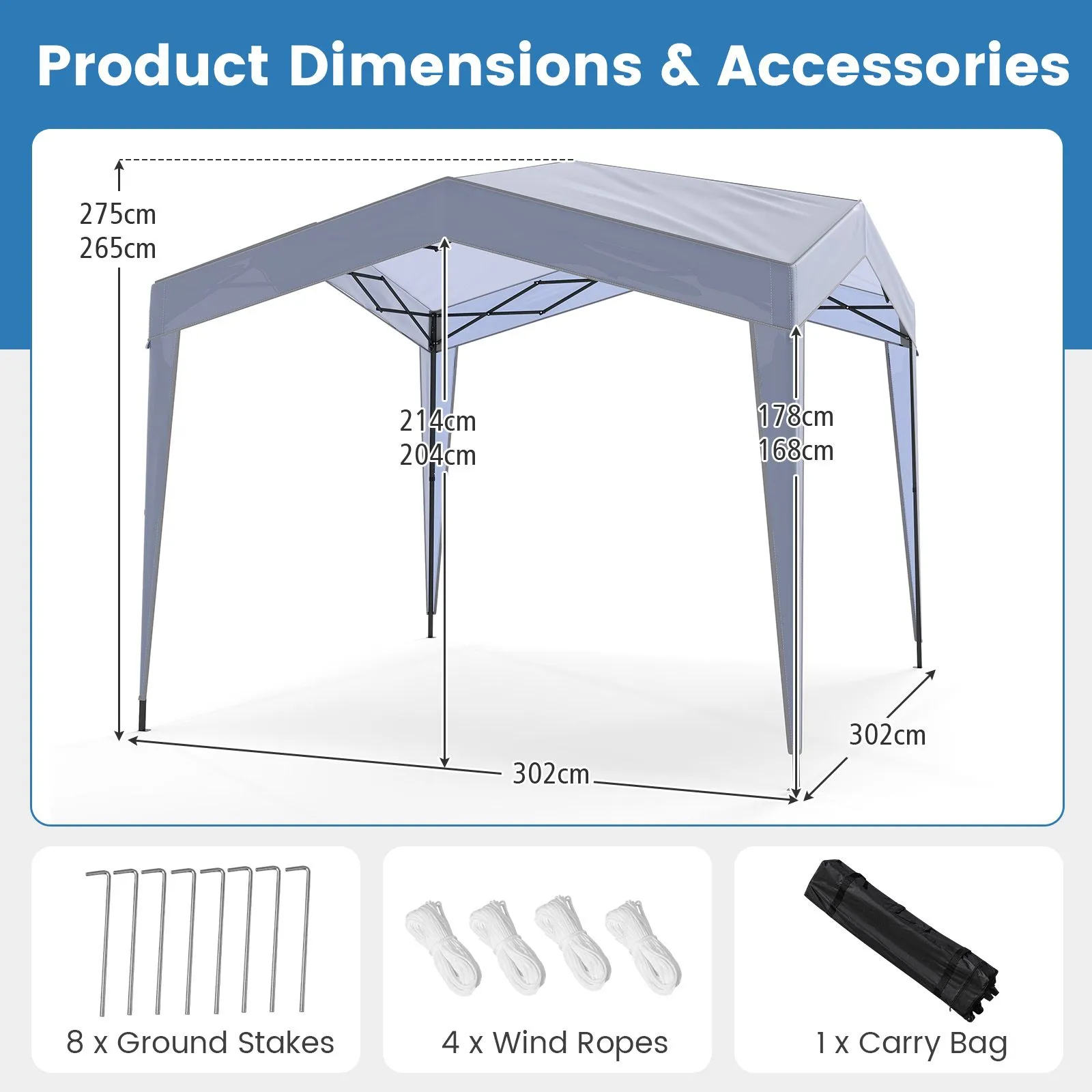 Costway 302 x 302 cm Pop up Canopy Tent with Portable Wheeled Bag & 8 Stakes in White 2