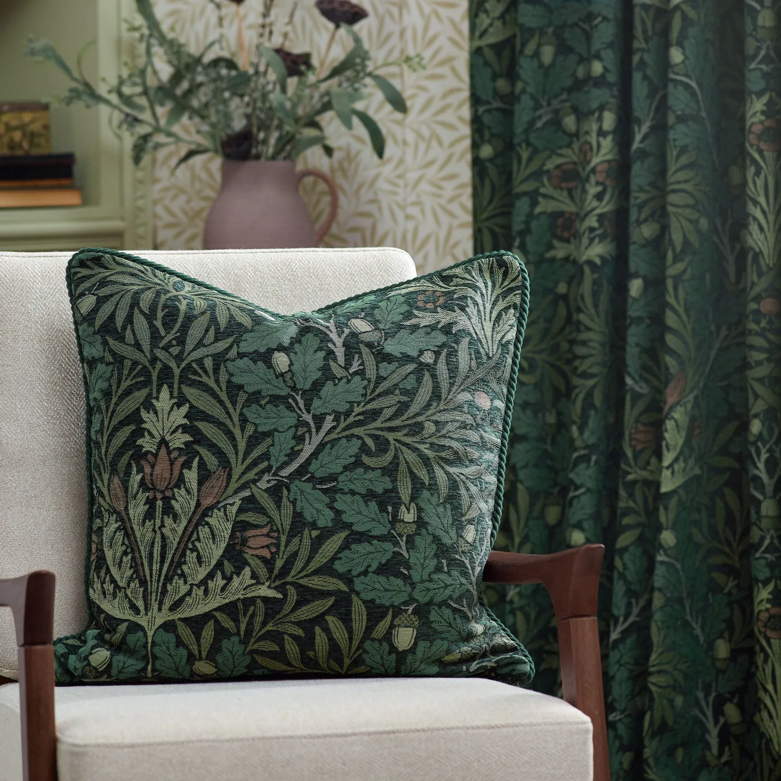 Morris & Co Acorn Multi Floral Jacquard Room Darkening Pencil Pleat Curtains in Green 4