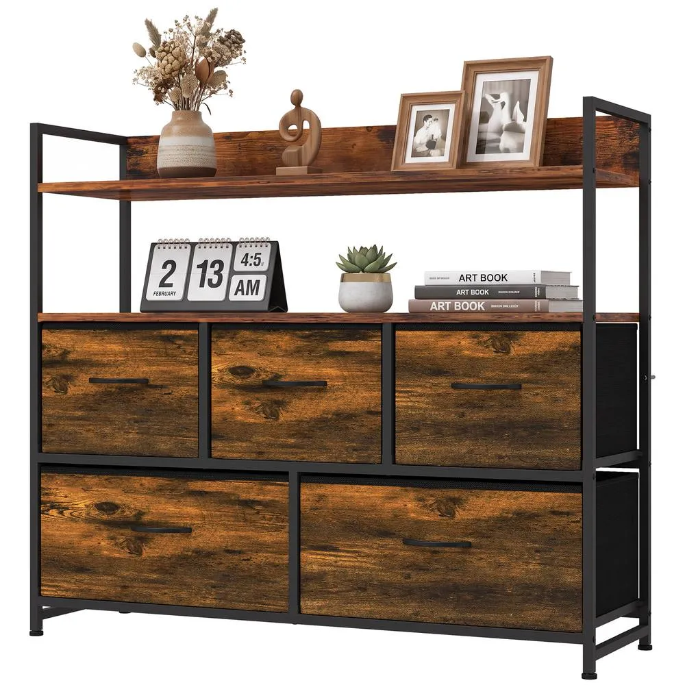 HOMCOM Bedroom Chest of Drawers 5 Drawer Dresser w/ Shelves, Rustic Brown