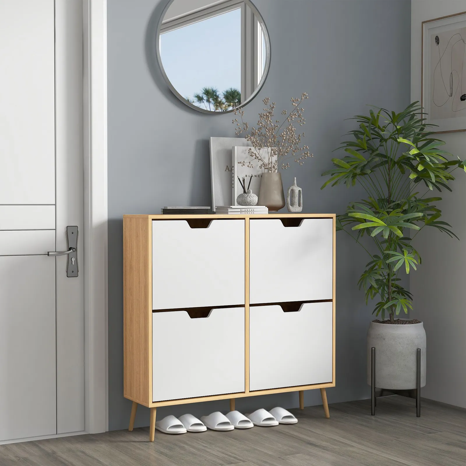 HOMCOM Shoe Storage Cabinet with 4 Flip Drawers for 16 Pairs of Shoes in Natural