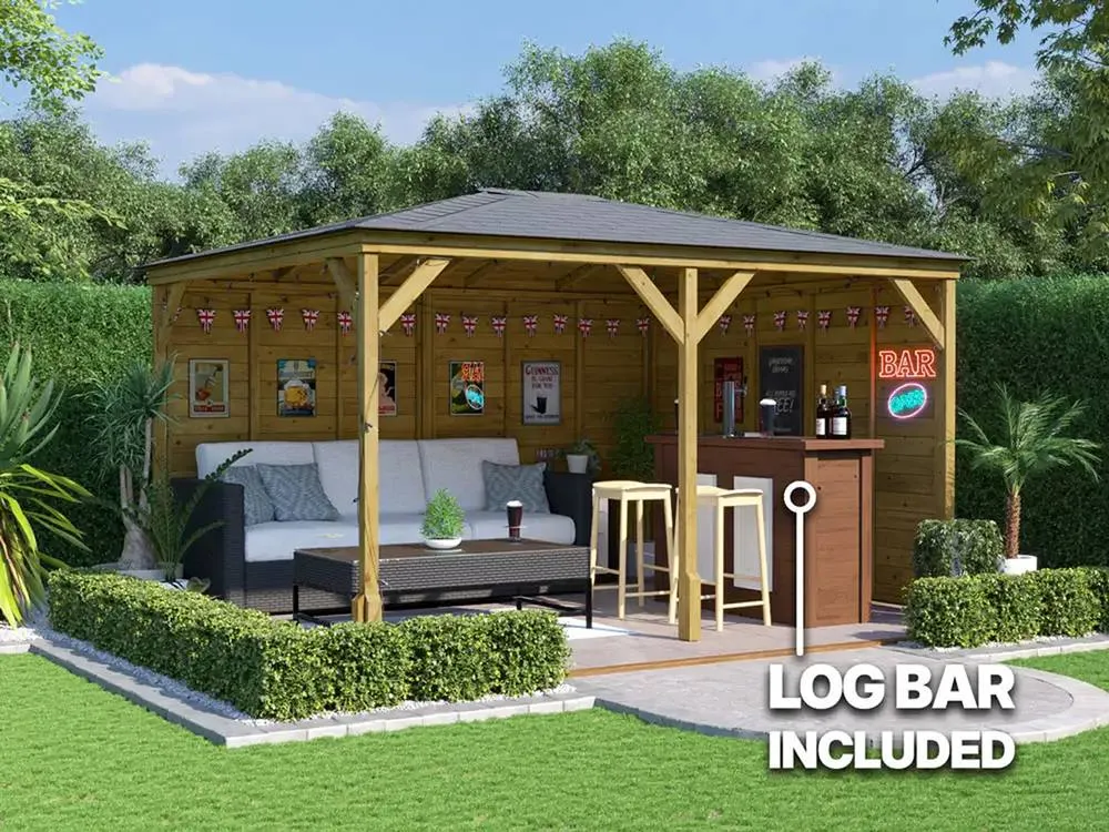 Dunster House Garden Bar Gazebo Heavy Duty with Log Bar 4m x 3m - Utopia in Brown 2