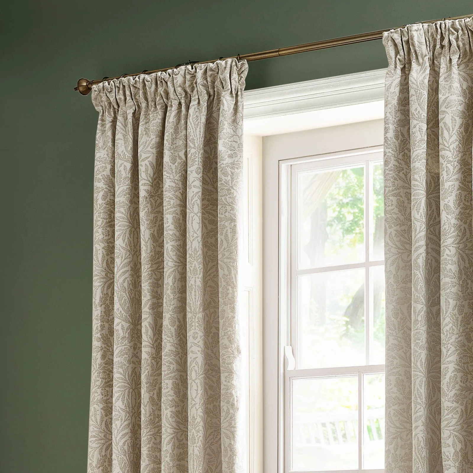 Morris & Co Acorn Tonal Fully Lined Matt Jacquard Pencil Pleat Curtains in Ivory 3