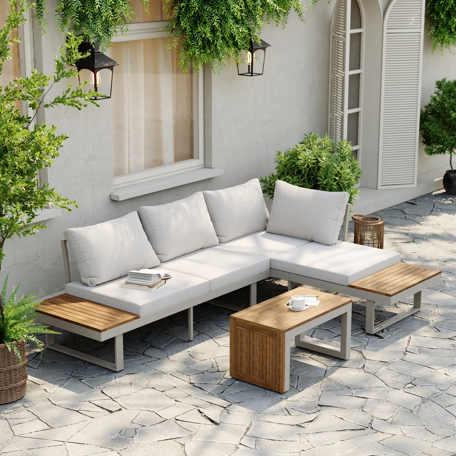 4 Seater Modular Outdoor Acacia Sectional Sofa Set with Cushion and Table, 3 PCS Versatile L-Shaped Garden Lounge Sofa Patio Furniture Set