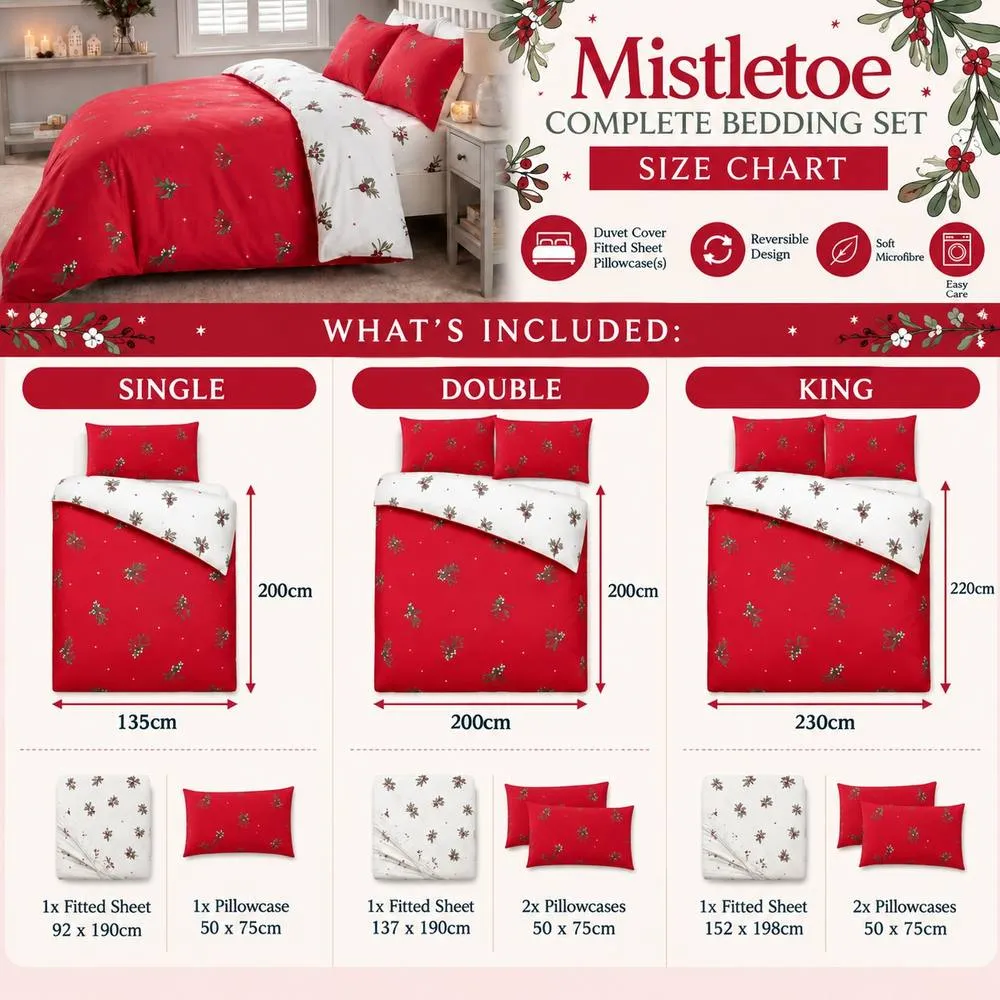 Rapport Home Mistletoe Christmas Complete Duvet Set with Fitted Sheet & Pillowcases in Red 5