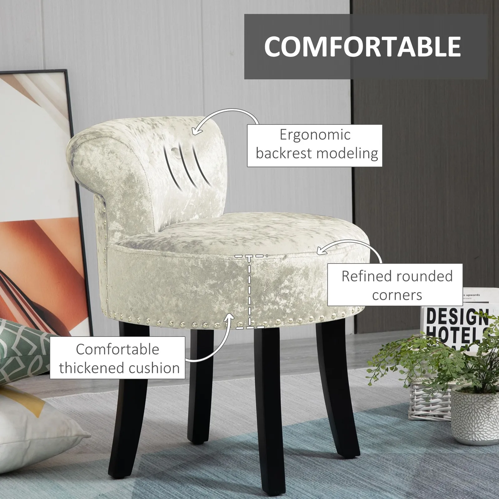 HOMCOM Dressing Table Stool Vanity Seat w/ Rubber Wood Legs Bedroom - Beige 4