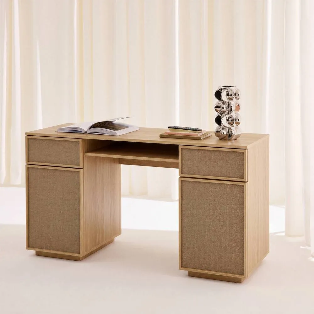 sweeek Desk with 2 doors, 2 drawers, 1 niche fabric & wood decor 140cm in Beige 6