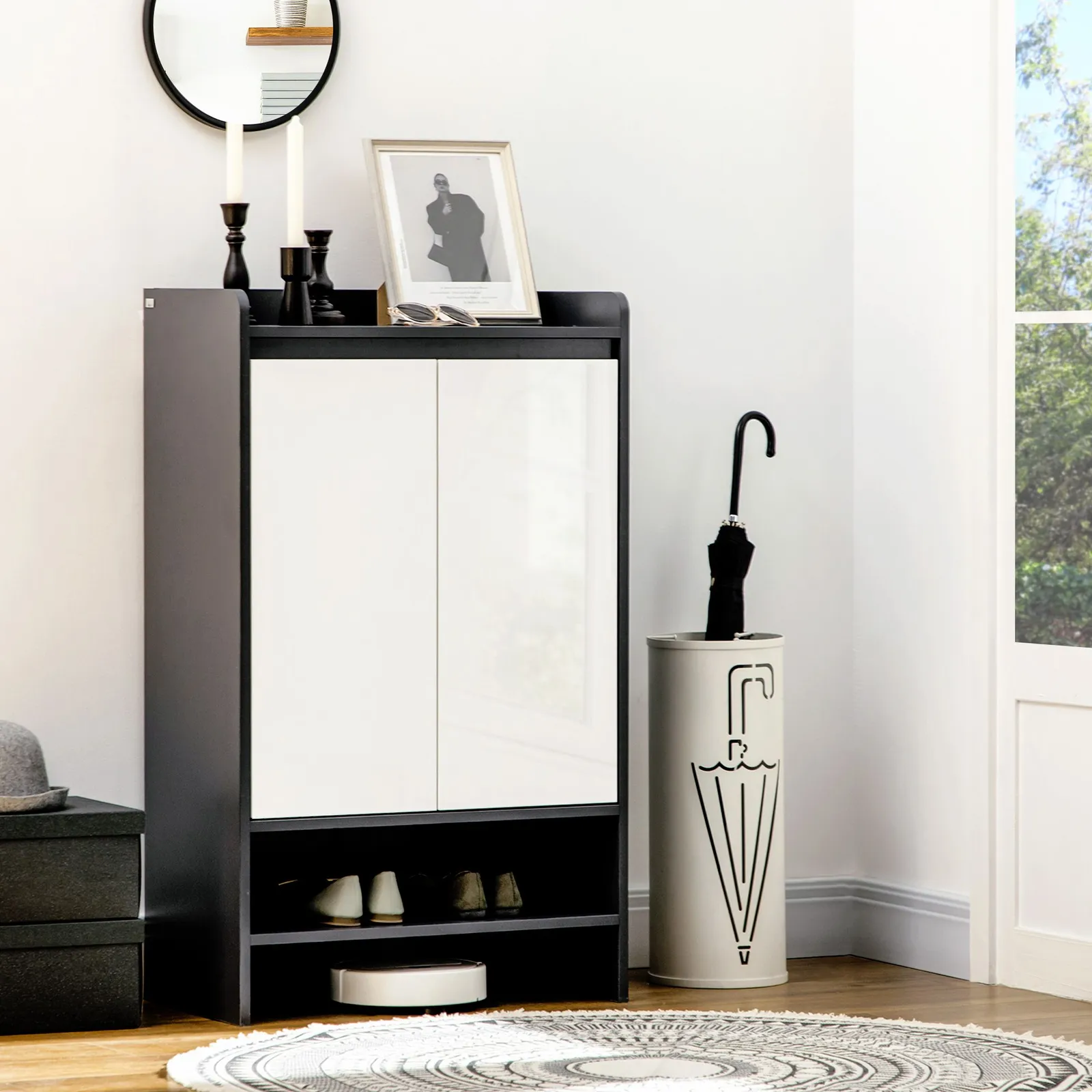 HOMCOM Modern Storage Cabinet with High Gloss White Doors for 15 Pairs of Shoes in Grey