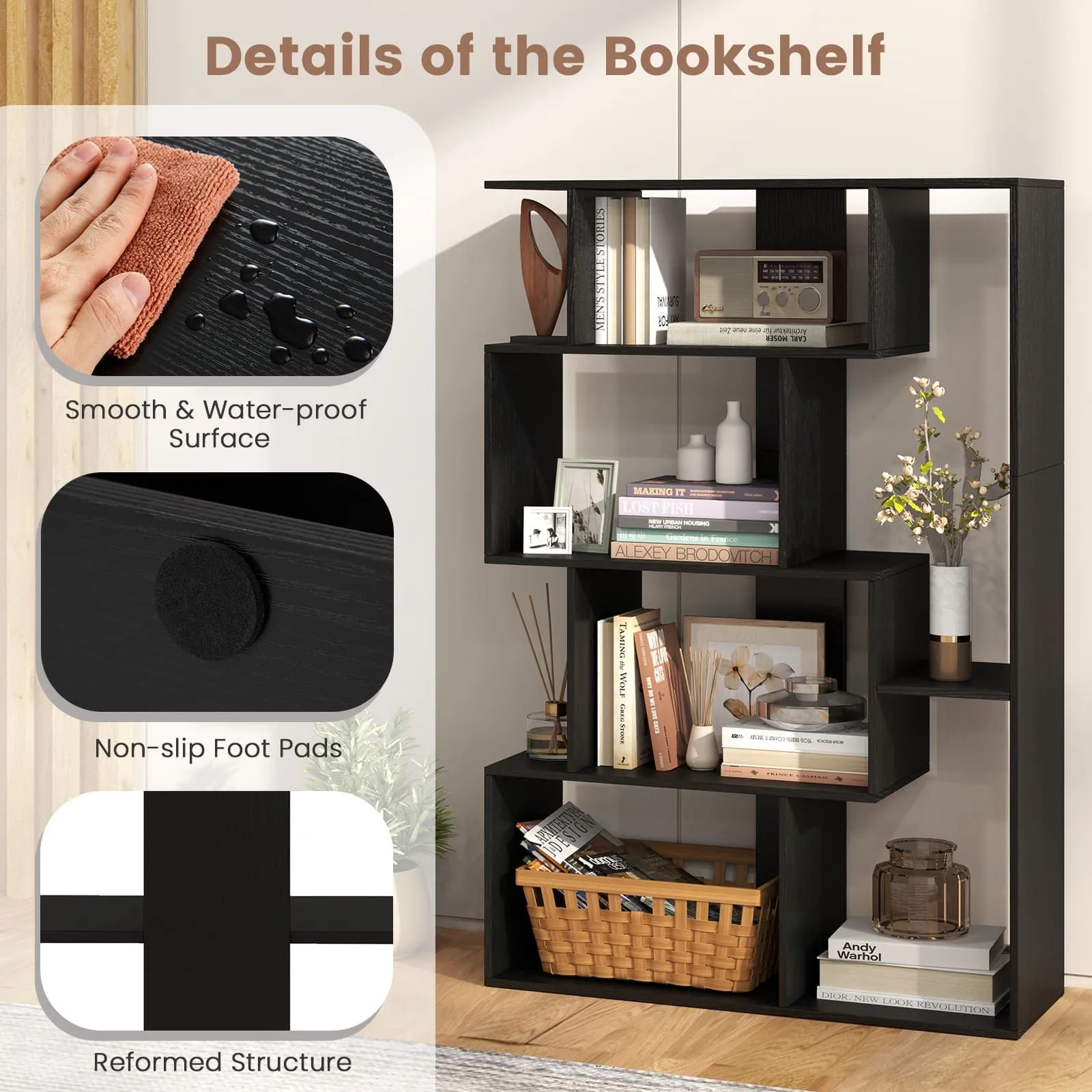 Costway Open-back Geometric Bookshelf Home 6-Cube Large Bookcase-Black in Black 6