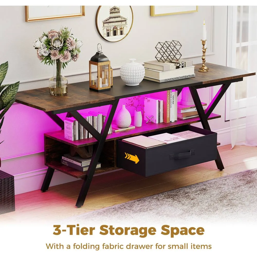 Costway TV Stand for 65" TVs 3-Tier Entertainment LED-Coffee in Brown 2