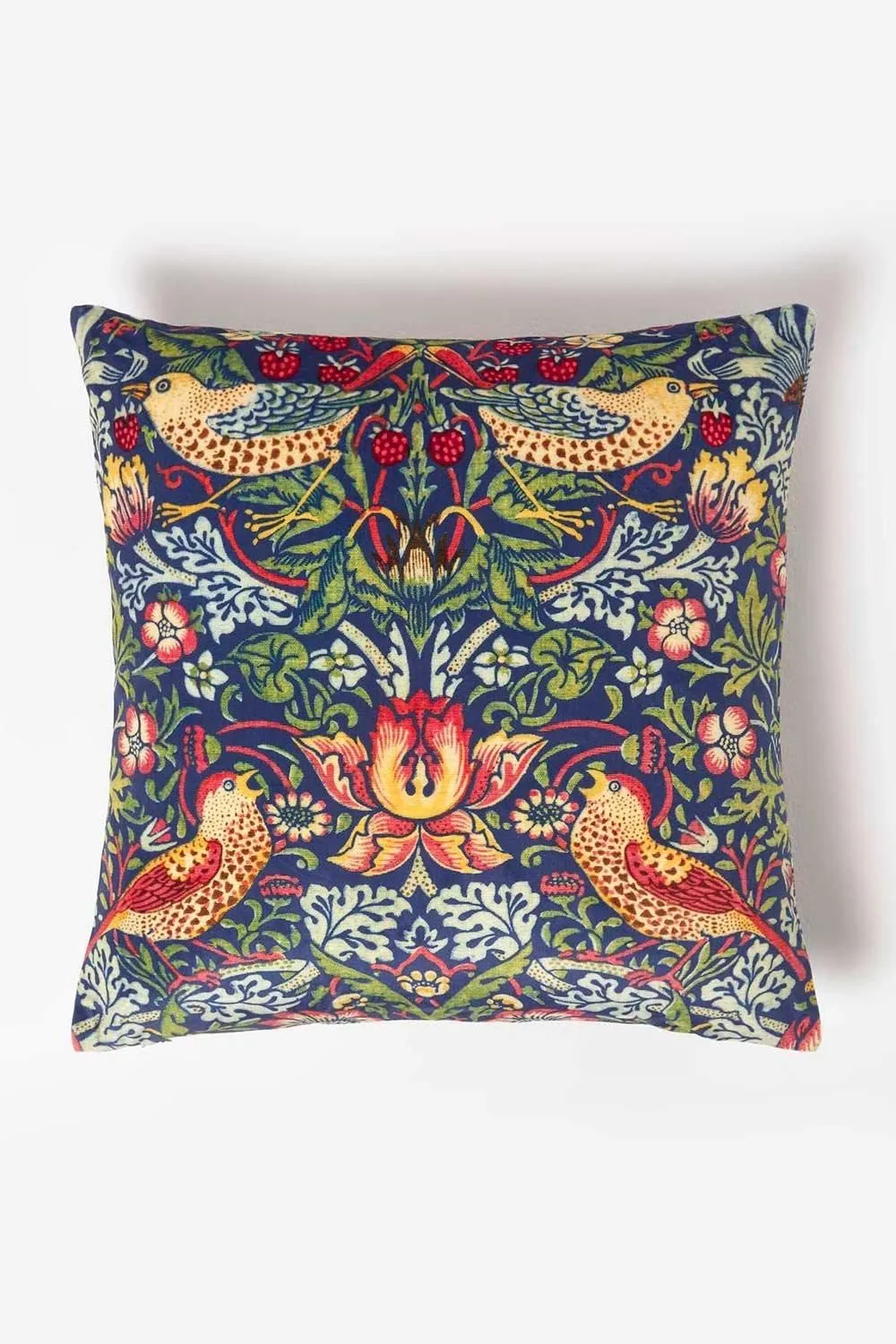 Homescapes William Morris Strawberry Thief Velvet Cushion in Navy 2