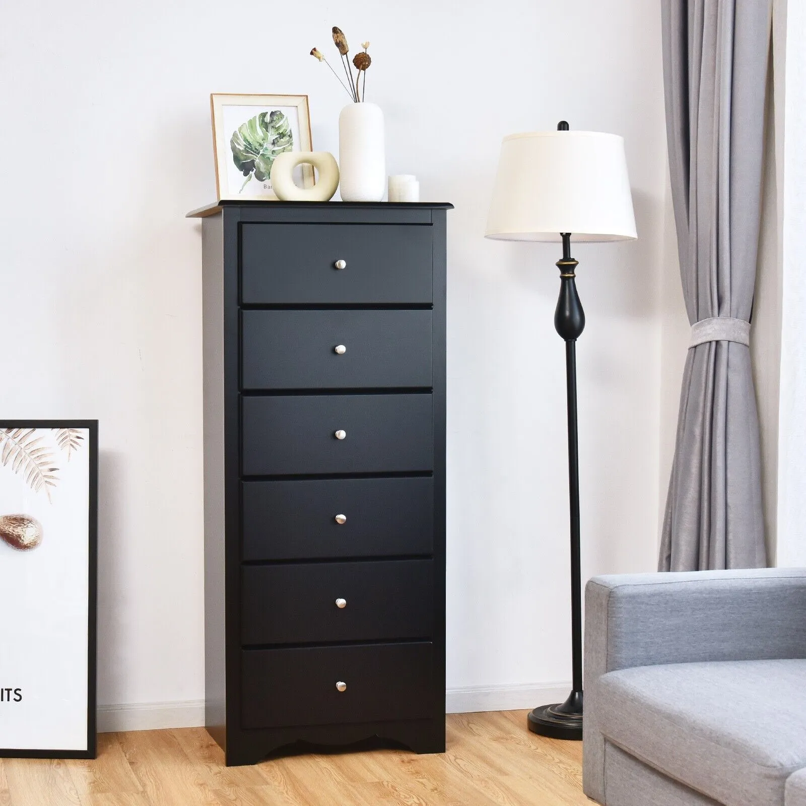 Costway Chest of Drawers Free Standing 6 Drawers Wooden Storage Cabinet W/ Metal Handles in Black 4