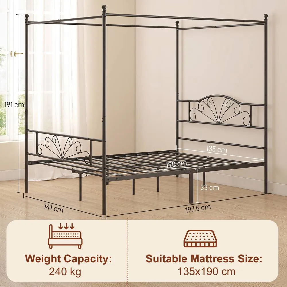 HOMCOM Canopy Bed Frame Double Size, Metal Platform Bed Frame, Black 3