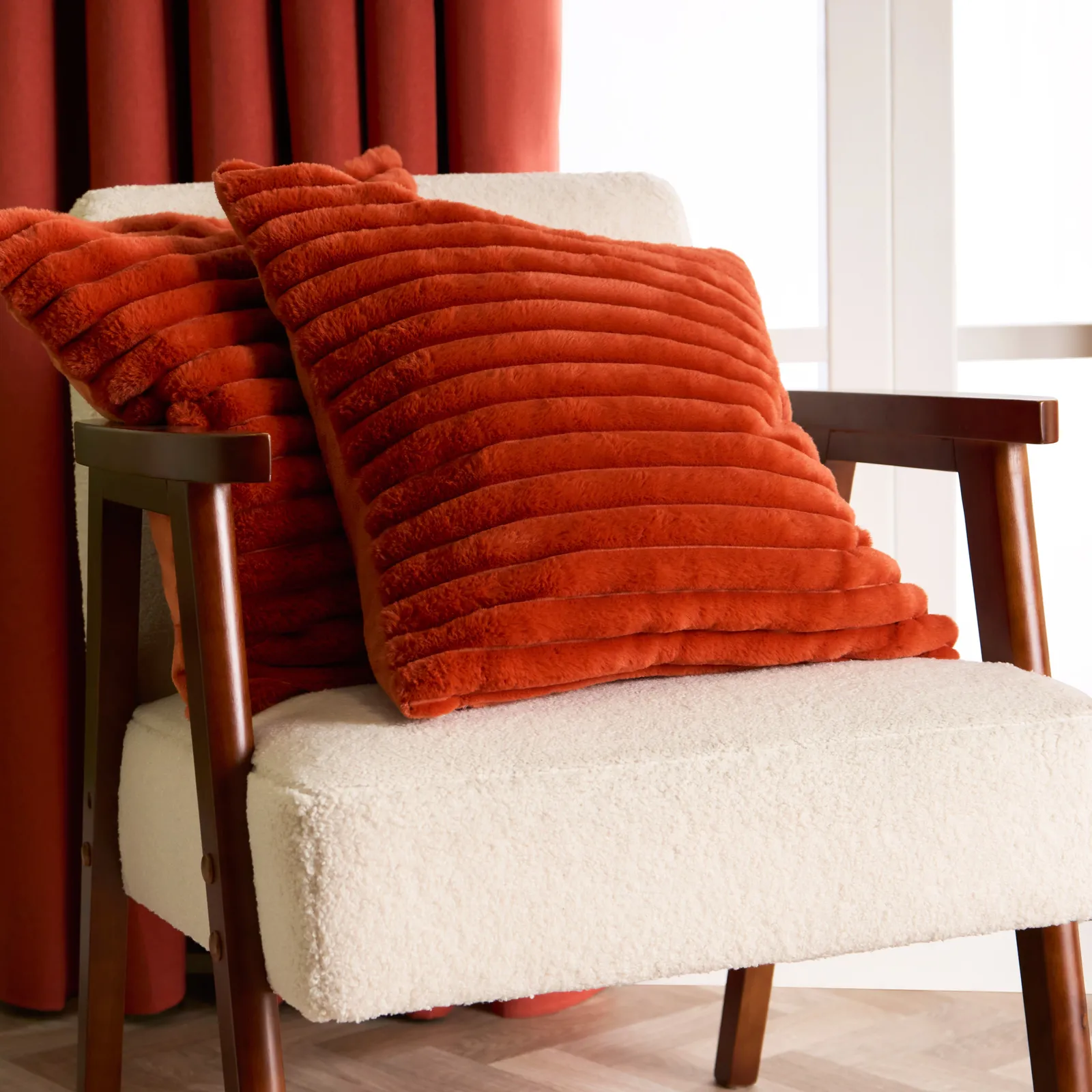 OHS 2 x Faux Fur Thick Rib Cushion Covers in Burnt Orange