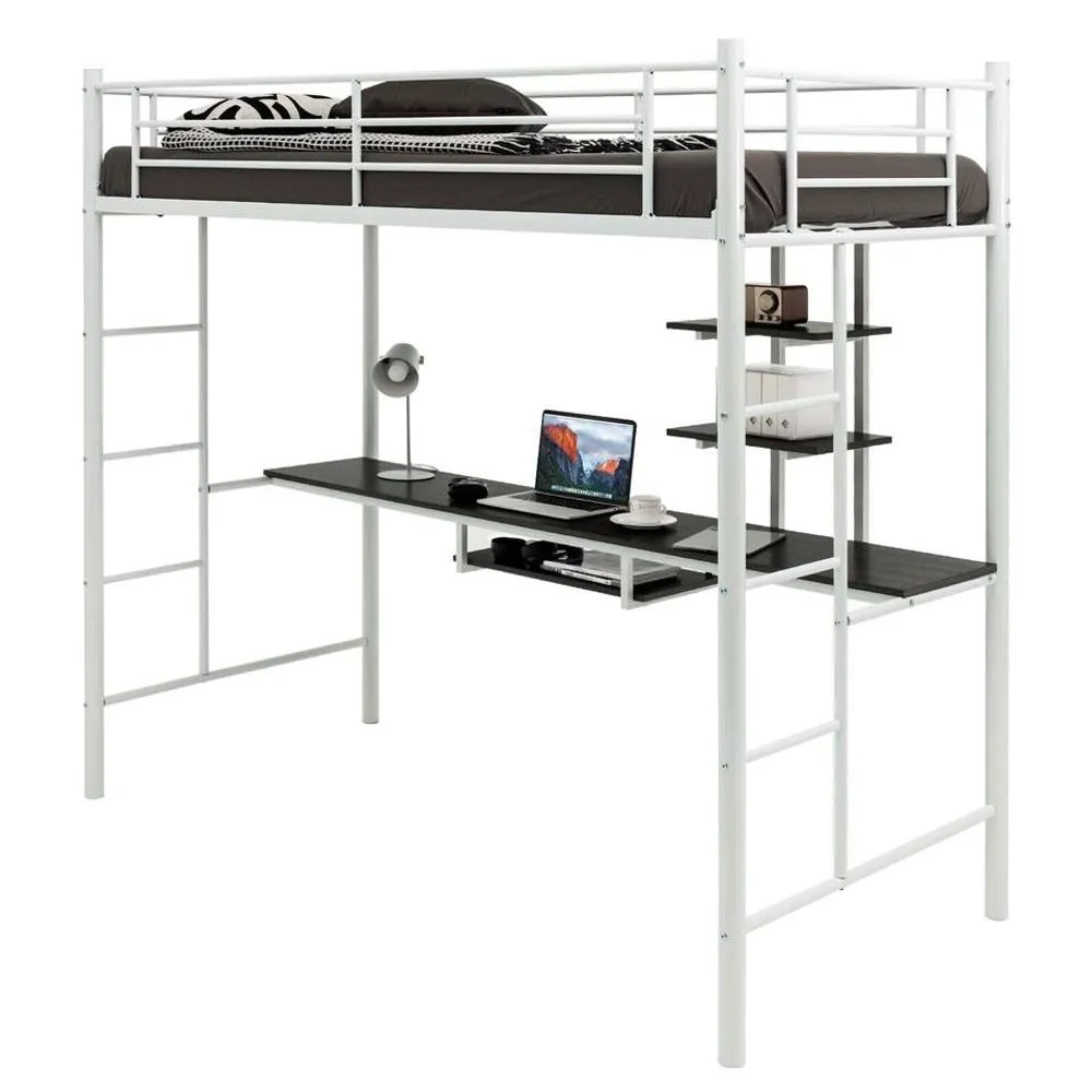 Costway 3.5FT Single Metal Loft Bed Frame High Sleeper Bunk Bed W/ Desk Storage Shelves in White