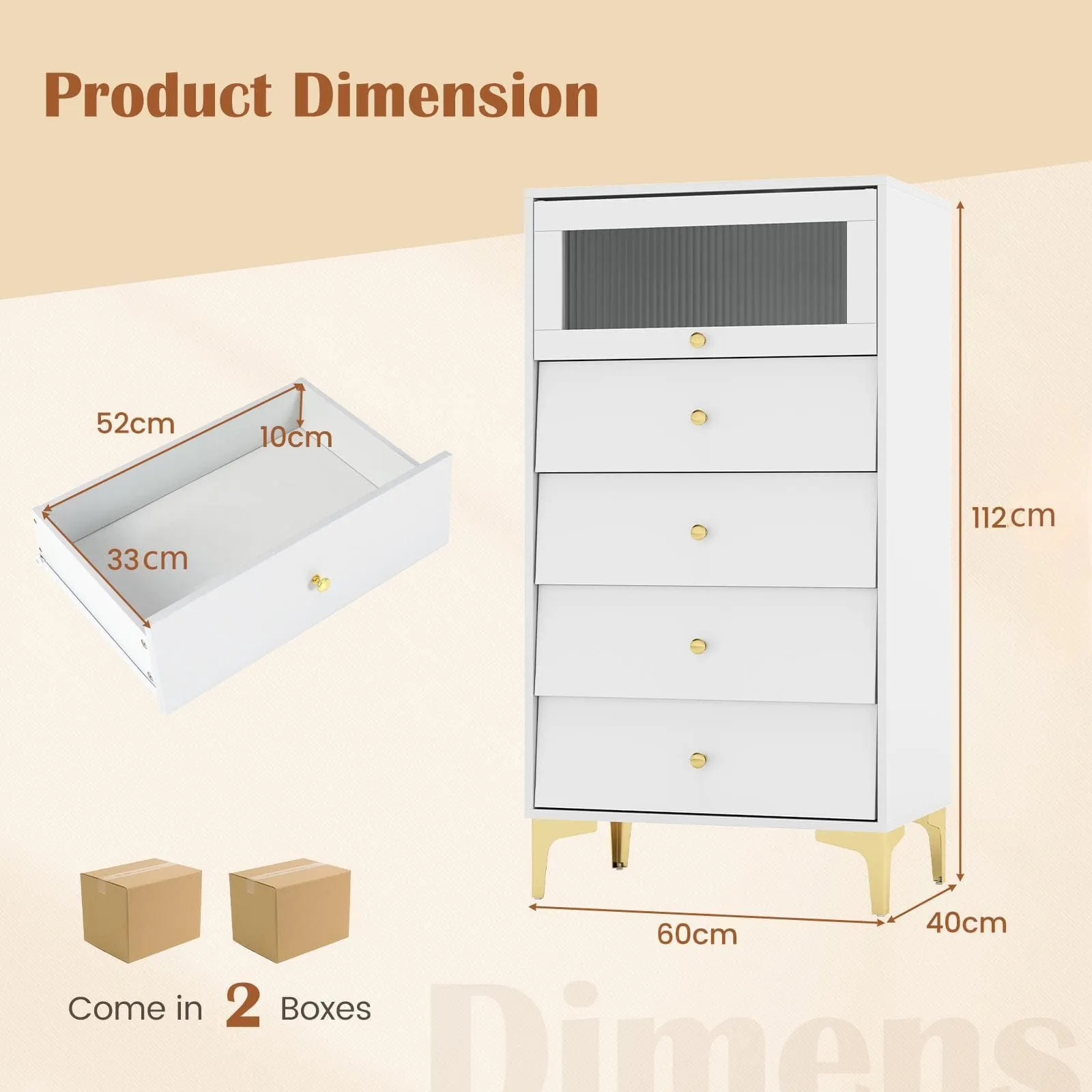 Costway 4 Drawer Dresser Modern Storage Cabinet w/ Flip Up Fluted Glass Door in Grey 2