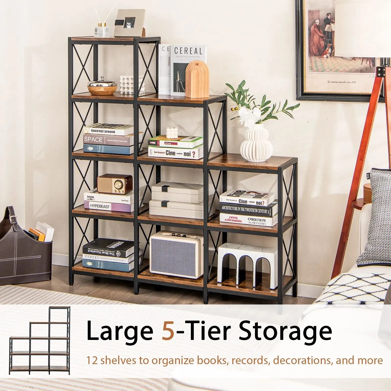 Costway Wooden 9 Cube Bookcase 5 Tier Open Storage Cabinet Free Standing Anti-toppling in Brown 4