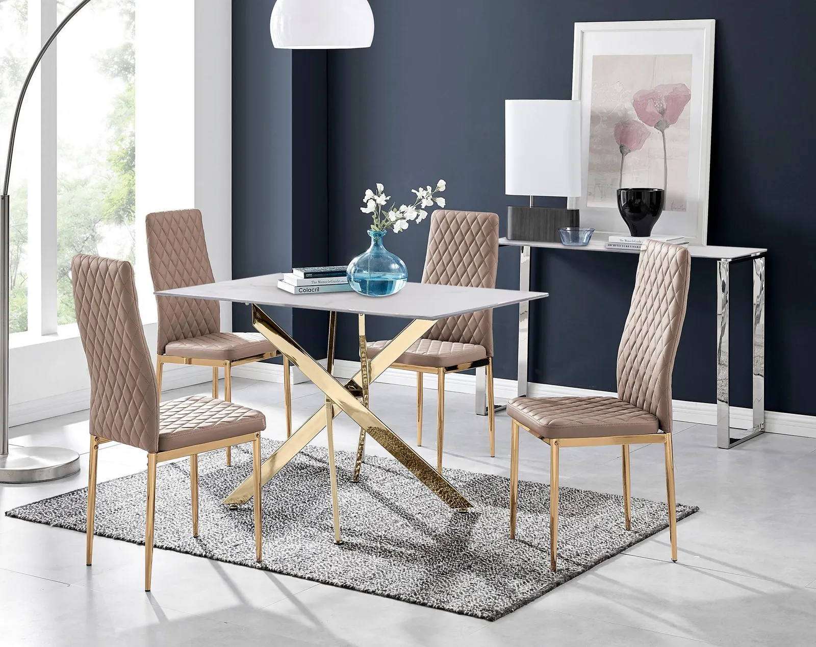 FurnitureboxUK Leonardo White Glass Marble Effect Gold Leg Table & 4 Milan Gold Leg Chairs in Beige