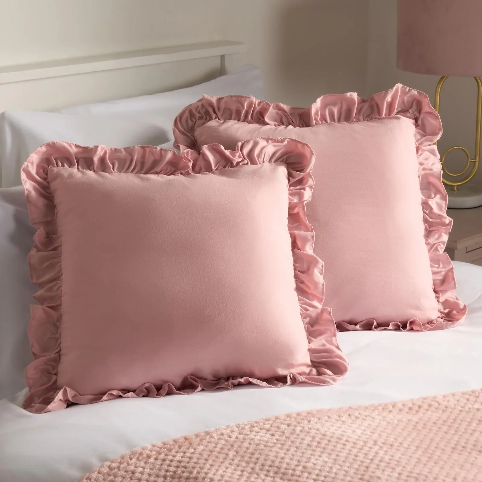 OHS 2 x Plain Faux Linen Frill Cushion Covers in Pink