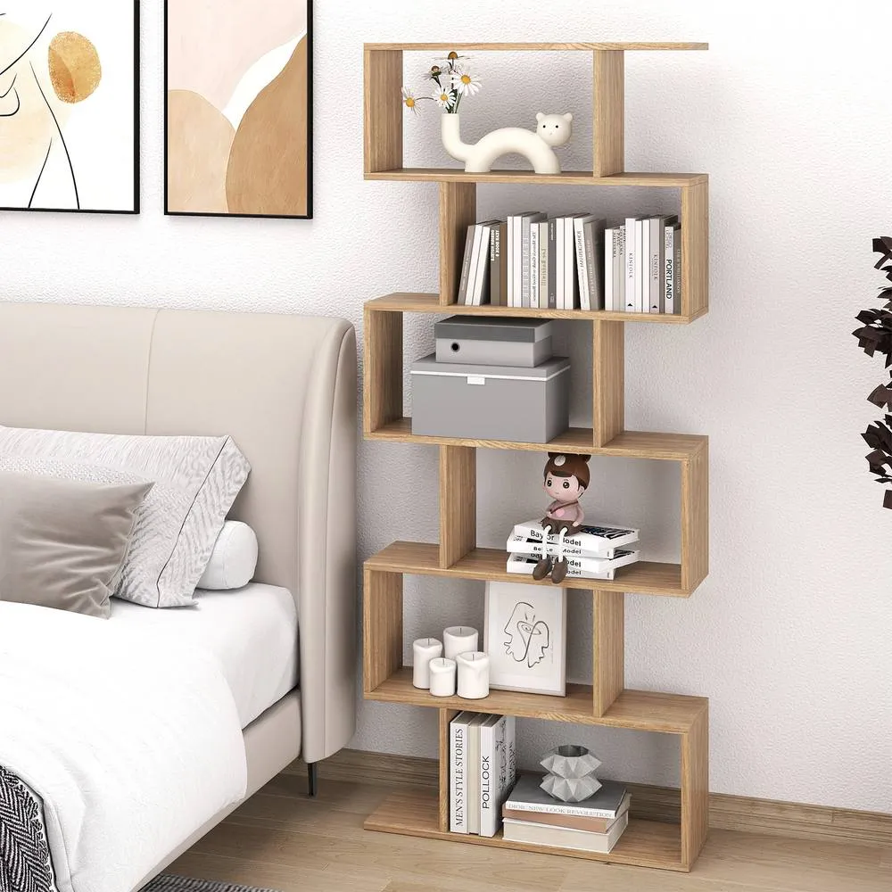 Costway 6-tier Bookcase S-Shaped Bookshelf Wooden Storage Display Rack in Natural 6