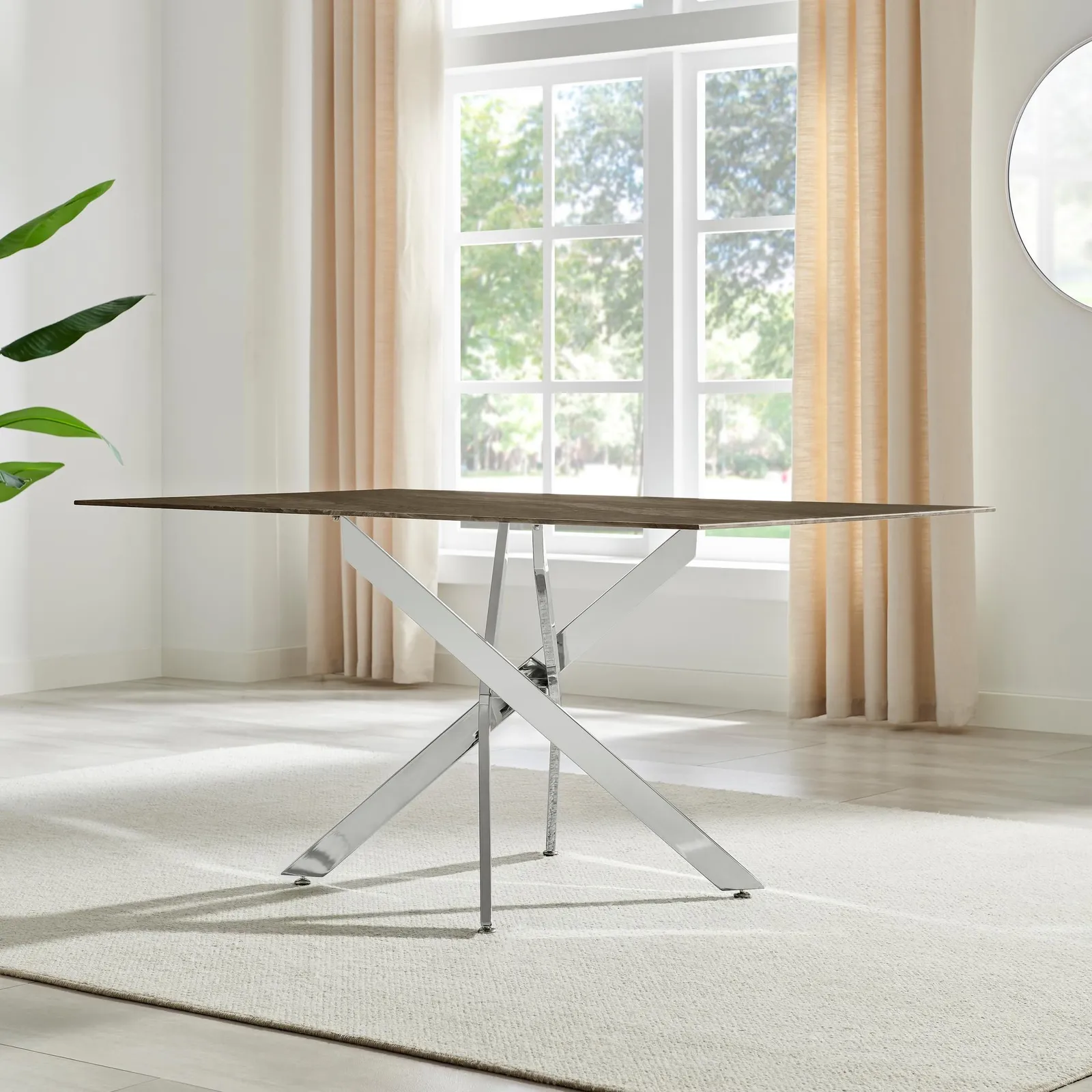 FurnitureboxUK Leonardo 6-Seater Dining Table With Marble Effect Glass Top & Silver Metal Legs in Dark Brown 3