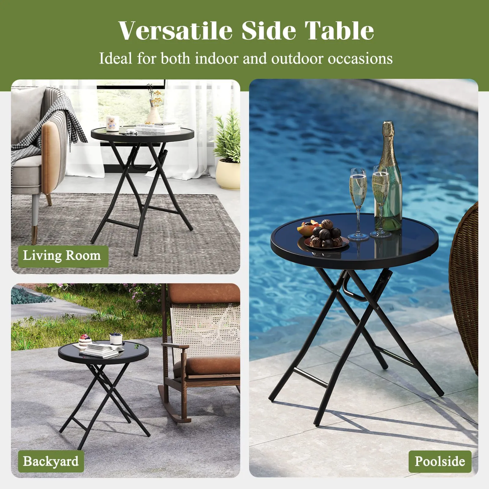 Costway Folding Glass Table Portable Patio Coffee Table w/Footpads-Black in Black 3