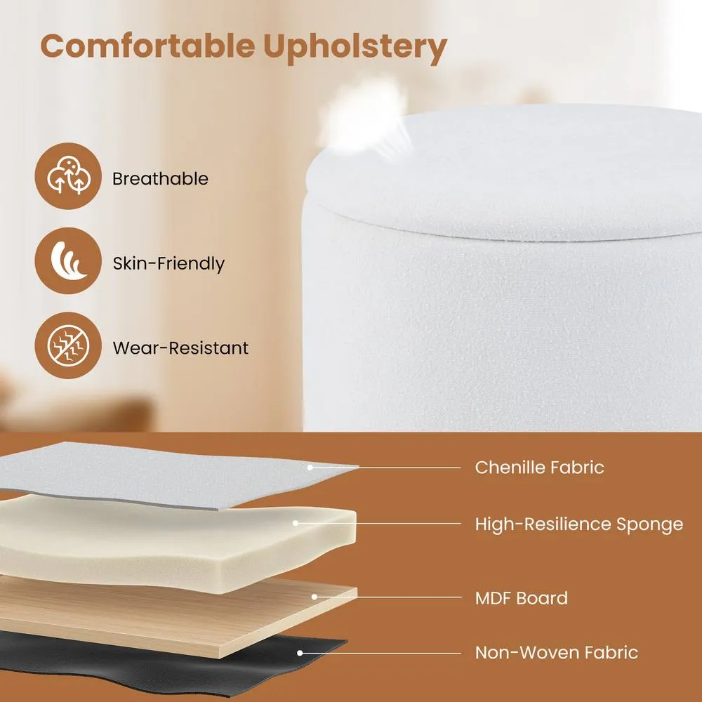 Costway Round Storage Ottoman 45 CM Chenille Fabric Footrest Stool in White 4