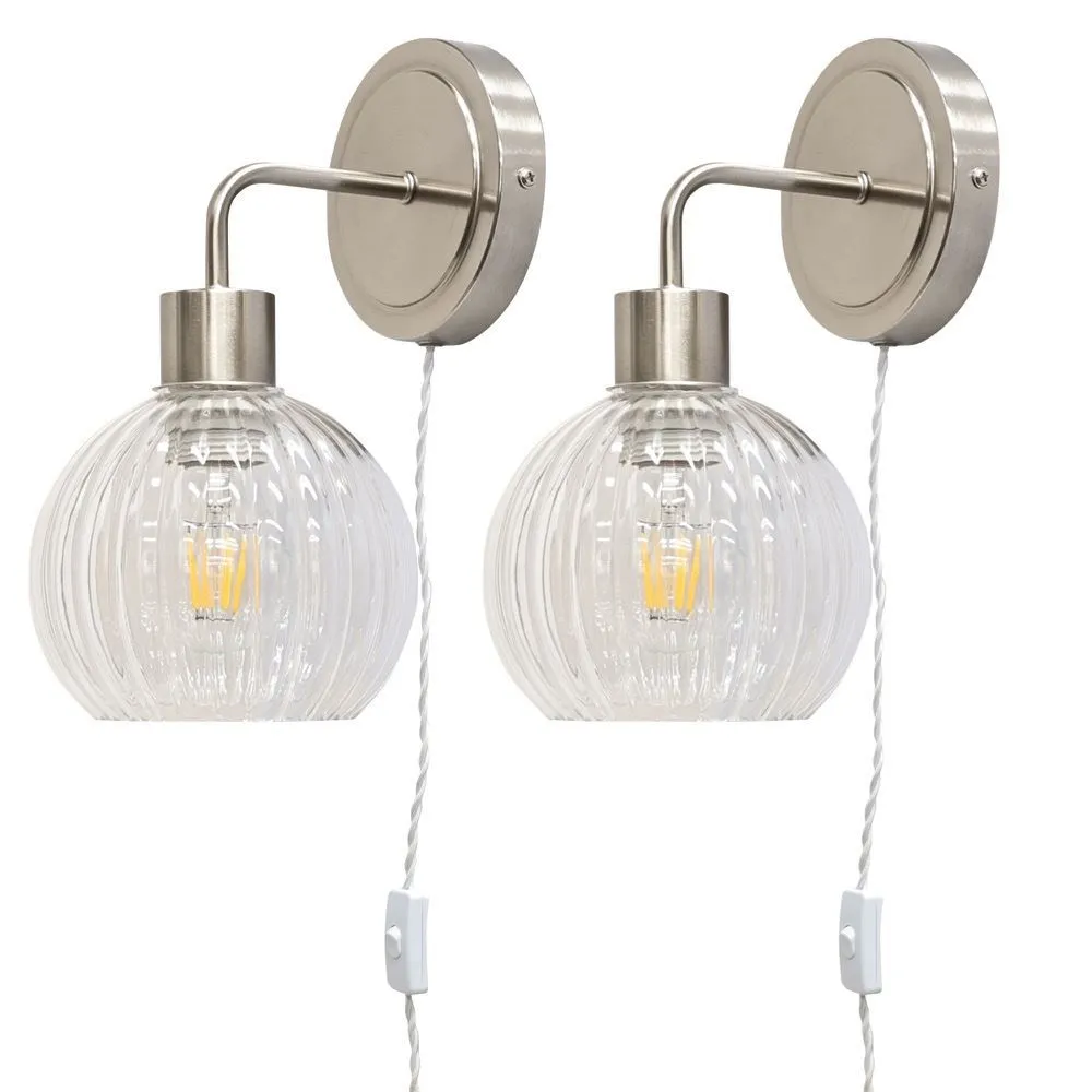 First Choice Lighting Set of 2 Toby - Satin Nickel Plug in Wall Lights Clear Shades in Silver