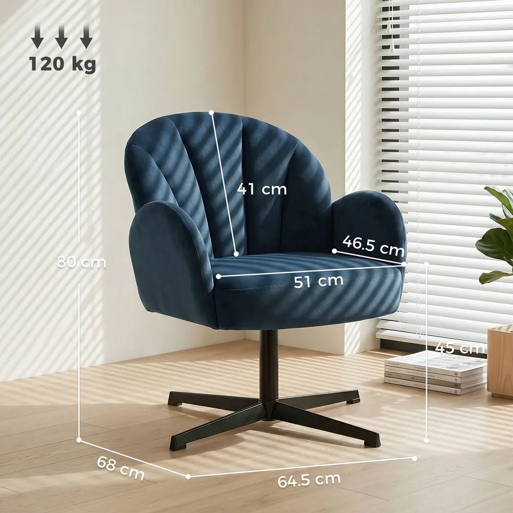 HOMCOM Modern Accent Chair, Shell Swivel Armchair, Velvet-Feel Fabric in Dark Blue 3