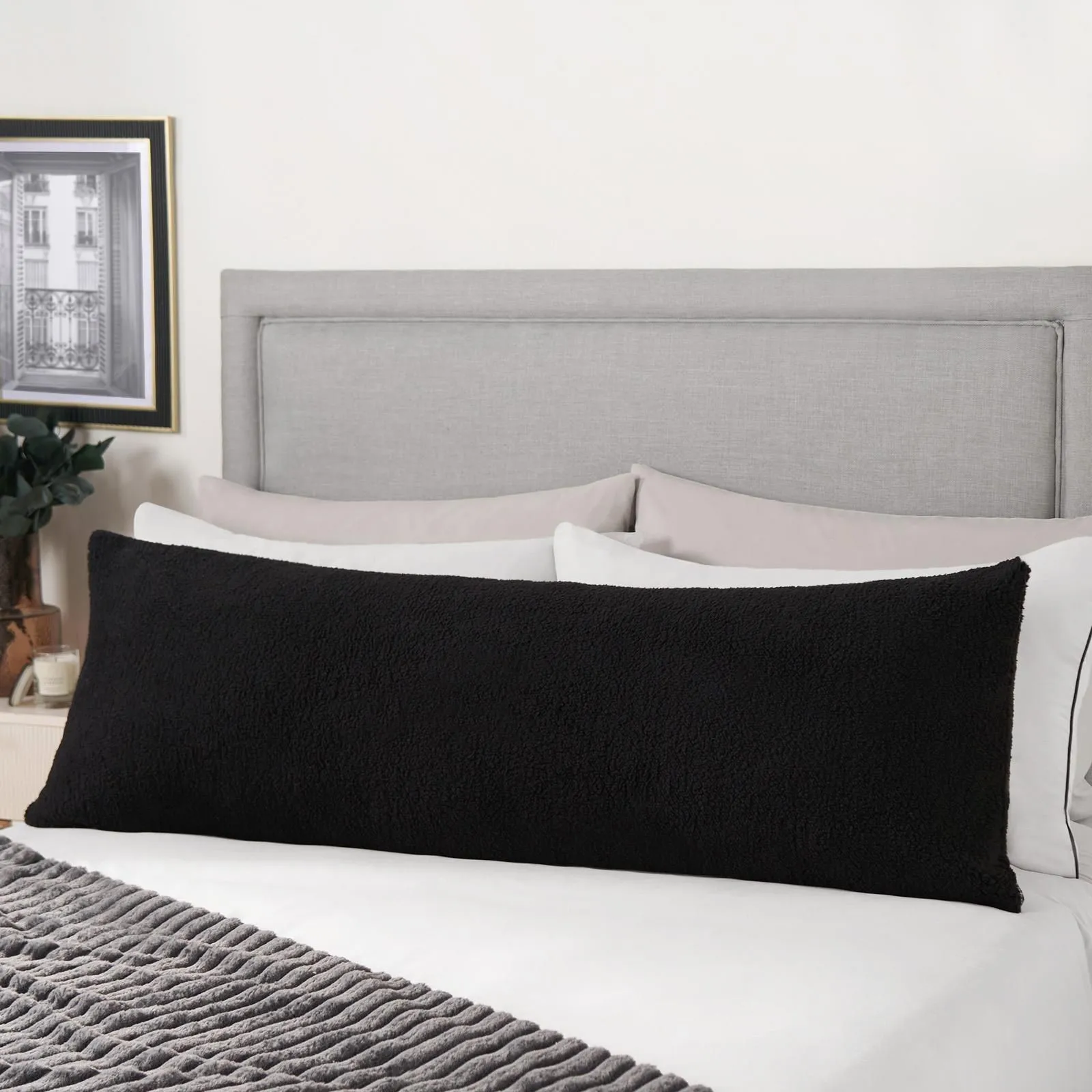 OHS Long Bolster Pillow Teddy Fleece Body Neck Pregnancy Support Cushion in Black