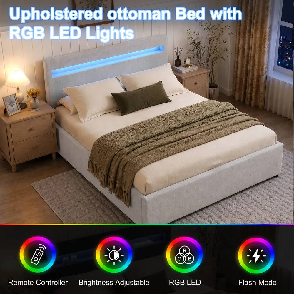 Comfy Living Ltd Fabric Modern Gas Lift Ottoman Bed Frame With LED in Light Grey 4