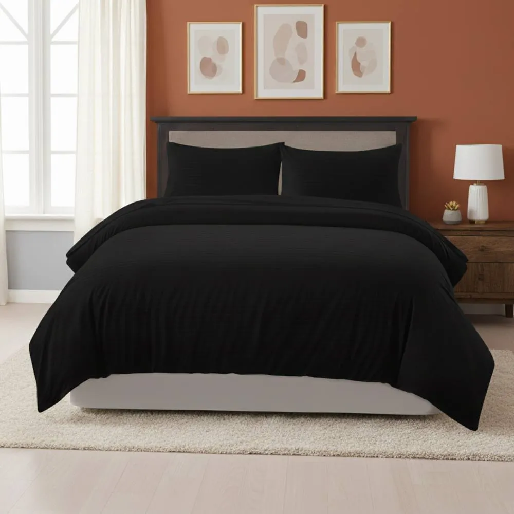 Snug City Embossed Stripe Duvet Cover Soft Microfibre Bedding with Pillowcases in Black