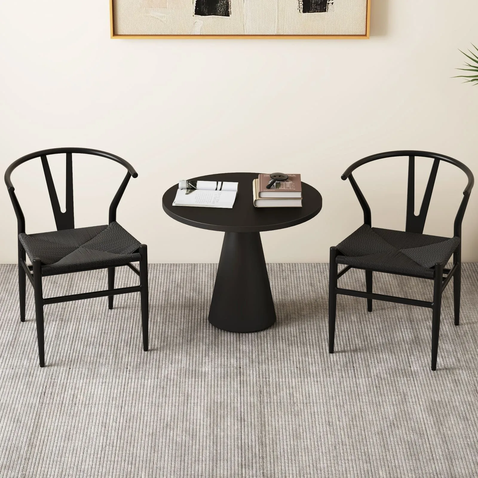 Costway Wishbone Dining Chair Set of 2 Modern Weave Armchairs in Black 3