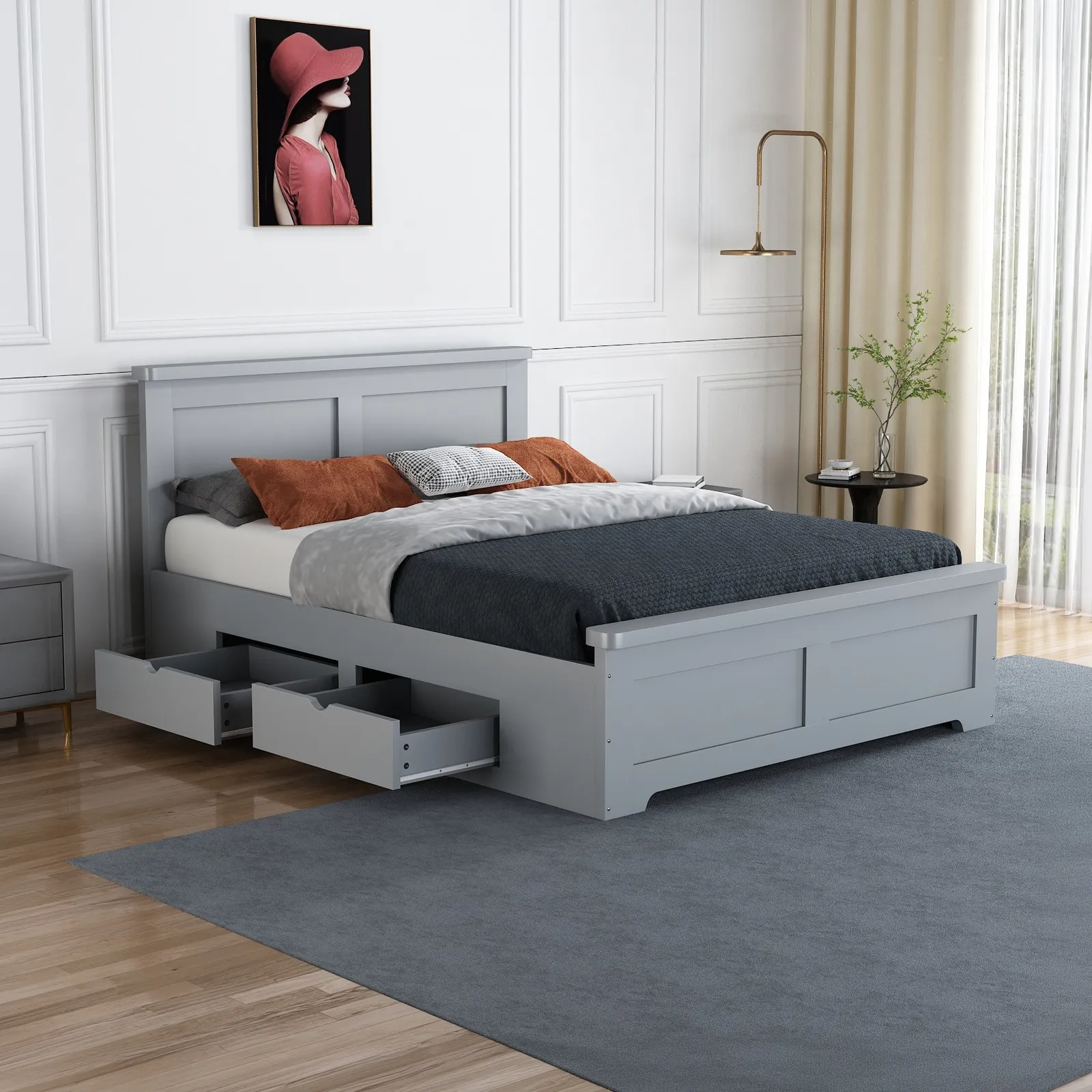 Conway - Double - Storage Bed with 4 Drawers - Grey - Wooden - 4ft6 - Happy Beds