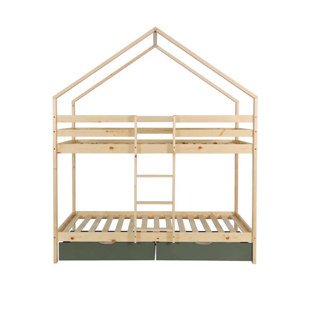 sweeek Children's bunk bed cabin 90 x 190 cm natural pine with storage in Green 5