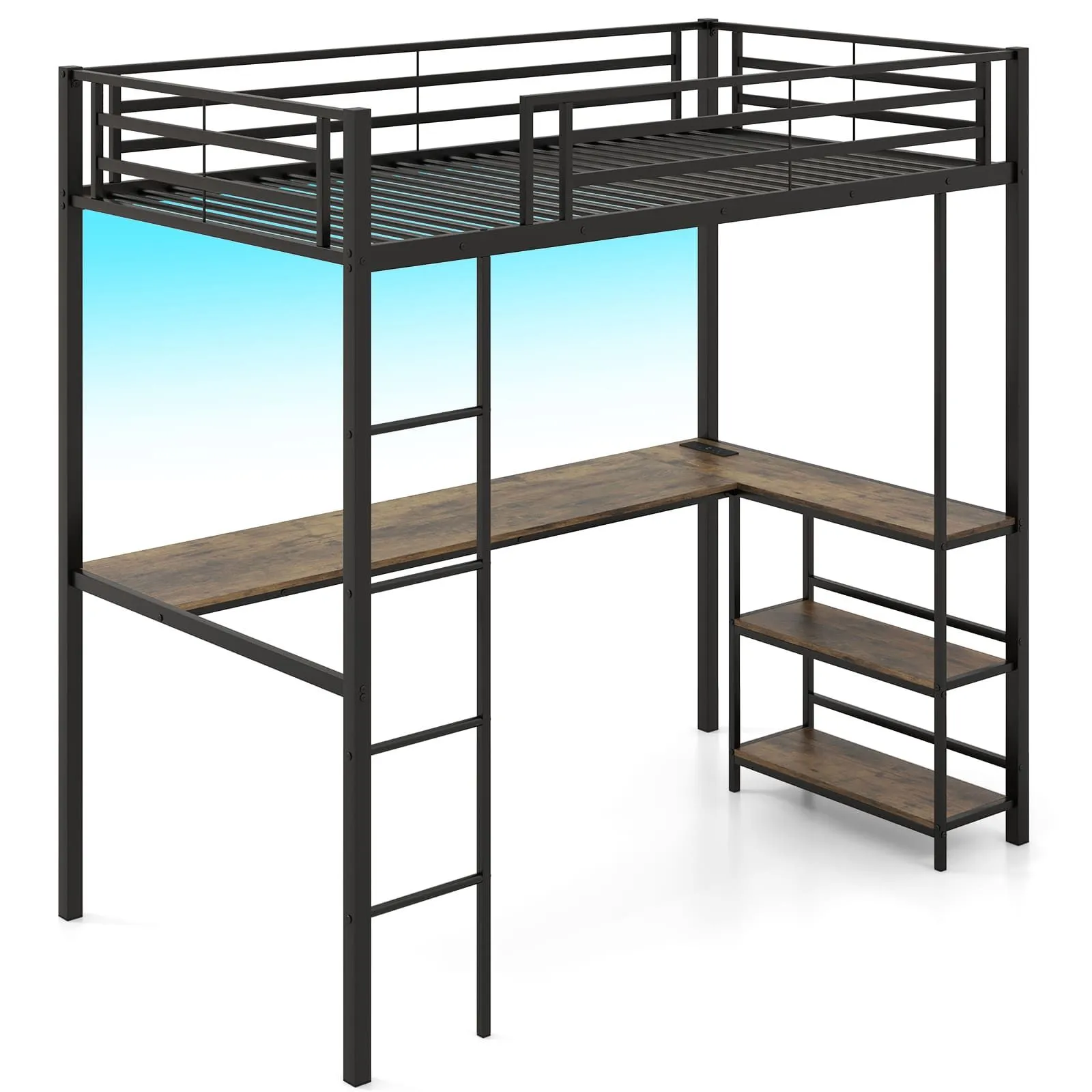 Costway Loft Bed Single Platform Bed Metal High Sleeper Bed w/Charging Station in Black 1