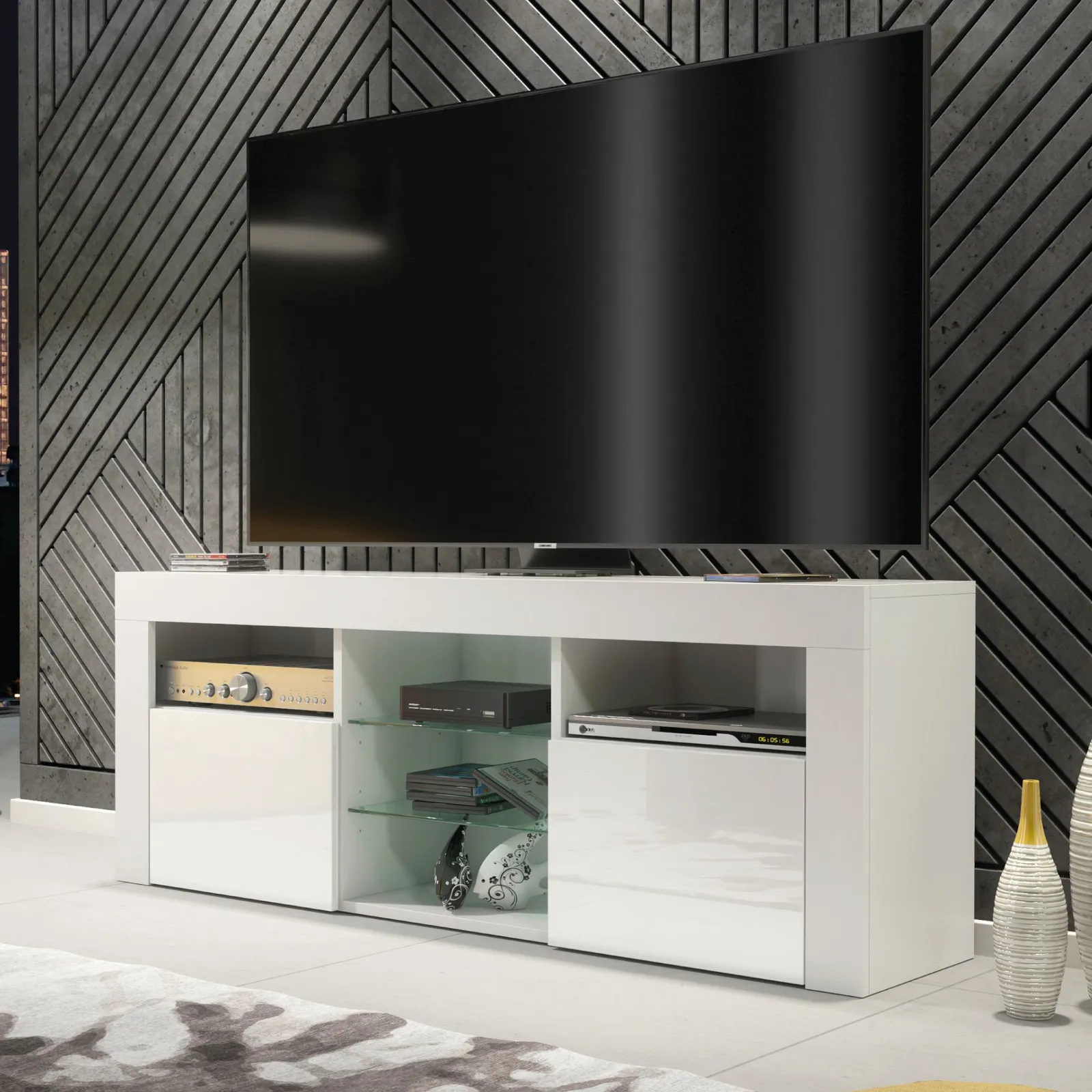 Creative Furniture TV Unit 145cm Modern - White with High Gloss Doors