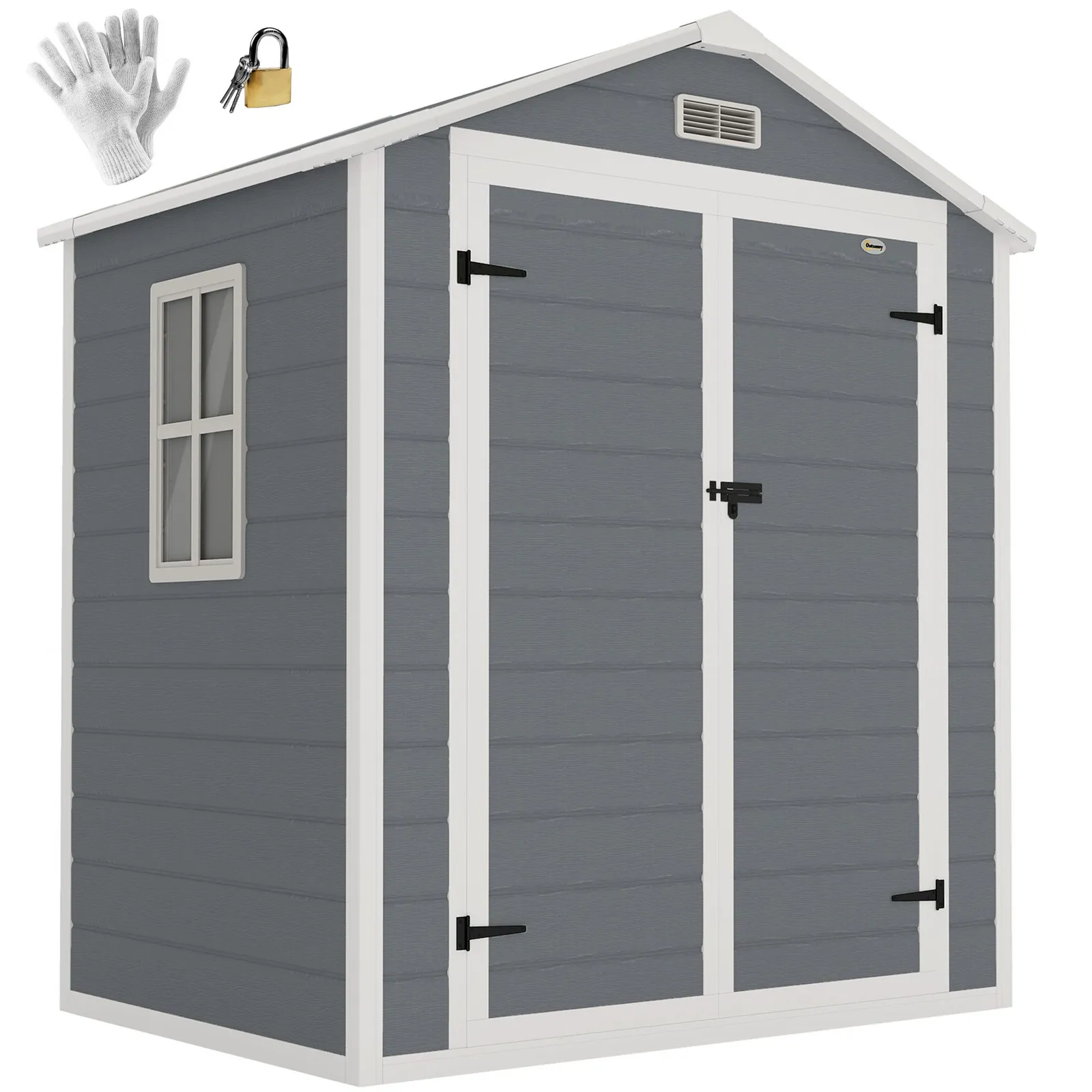 OUTSUNNY Lean to Garden Shed Plastic Tool Storage House w/ Lockable Door in Grey 2