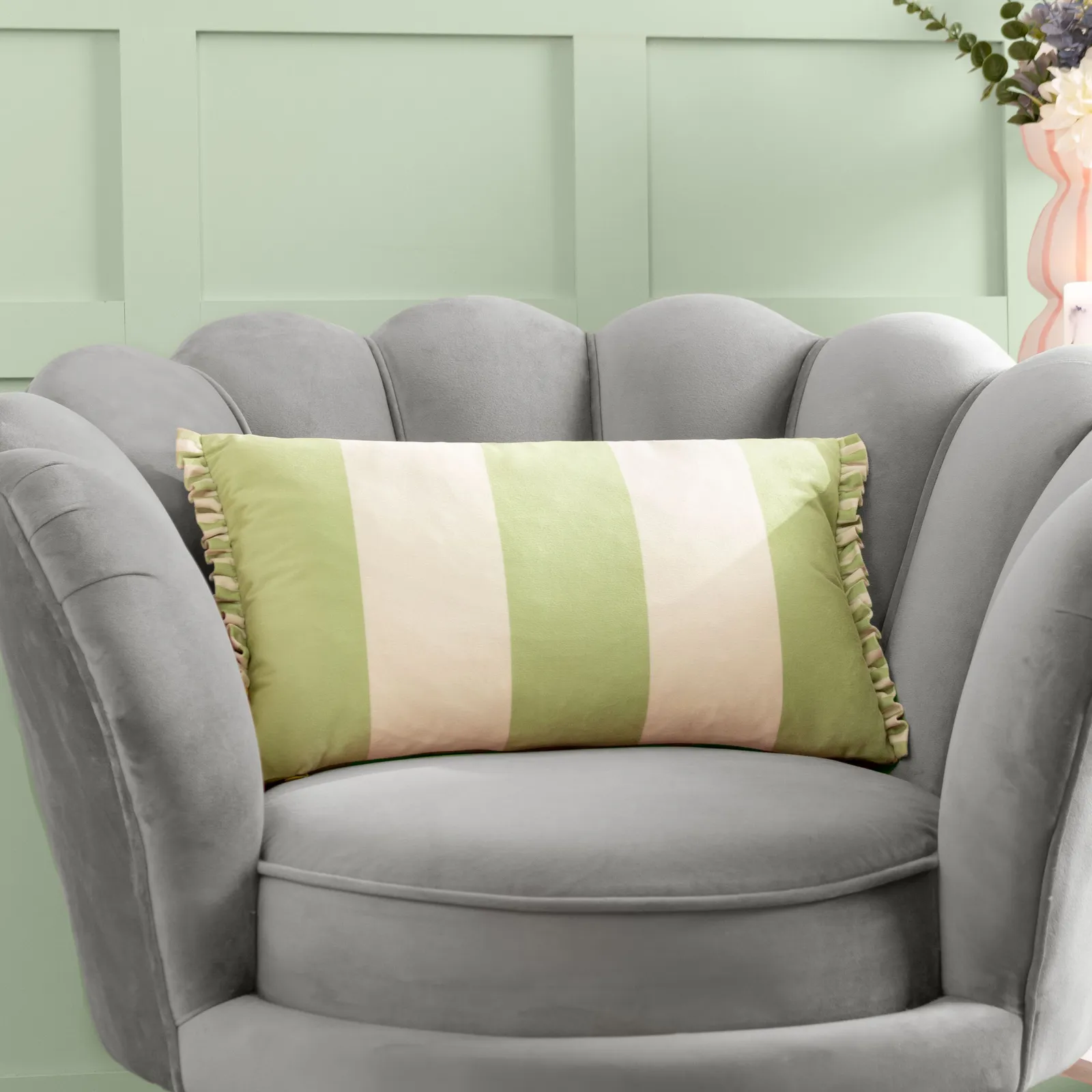 Furn Araya Striped Velvet Cushion in Green
