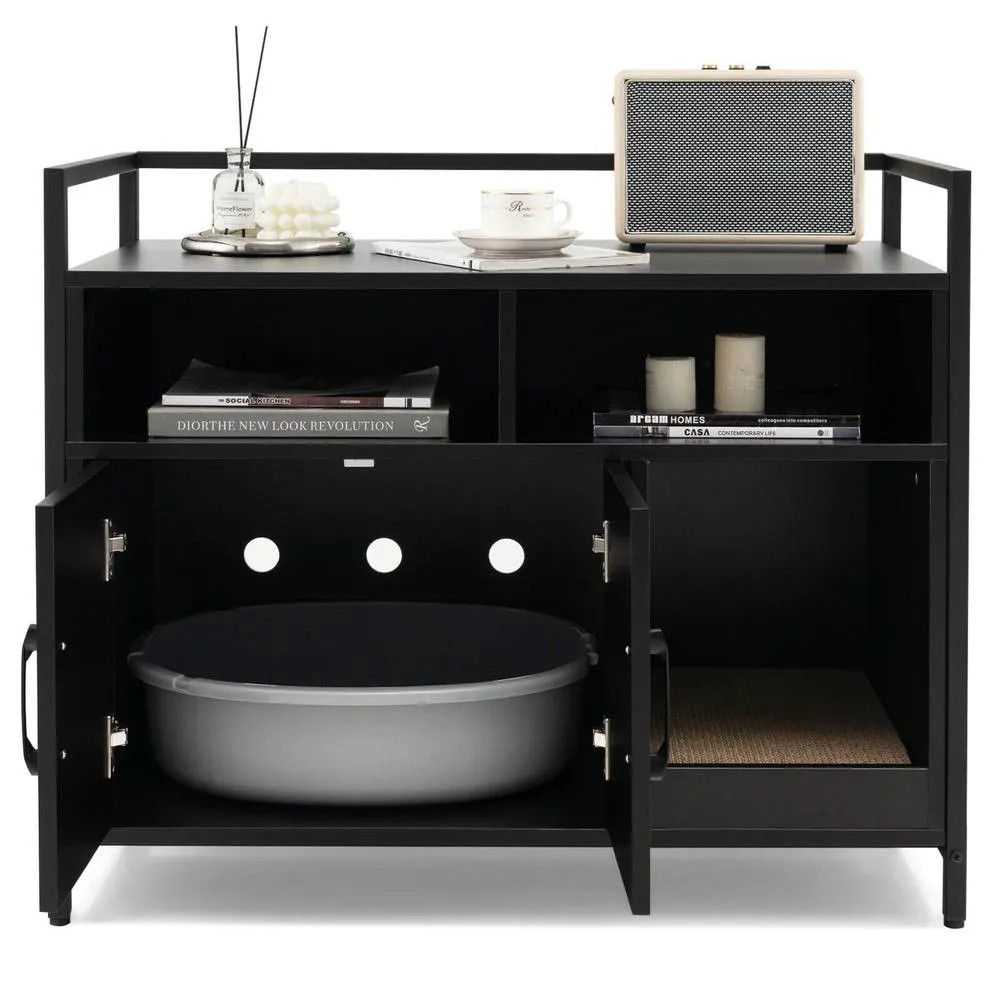 Costway Large Cat Litter Box Enclosure Furniture Wooden Kitty Washroom Hidden Cabinet in Black 3