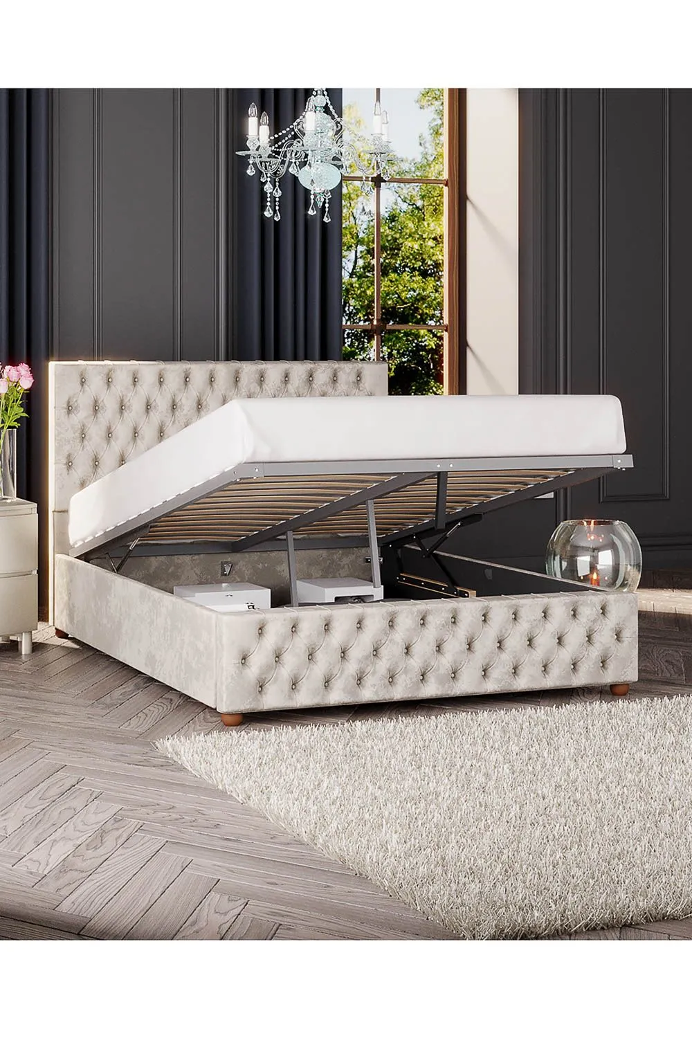 Laurence Llewelyn-Bowen Seren Ottoman Storage Bed in Mirazzi Velvet Fabric, Custom Made in Ivory 2