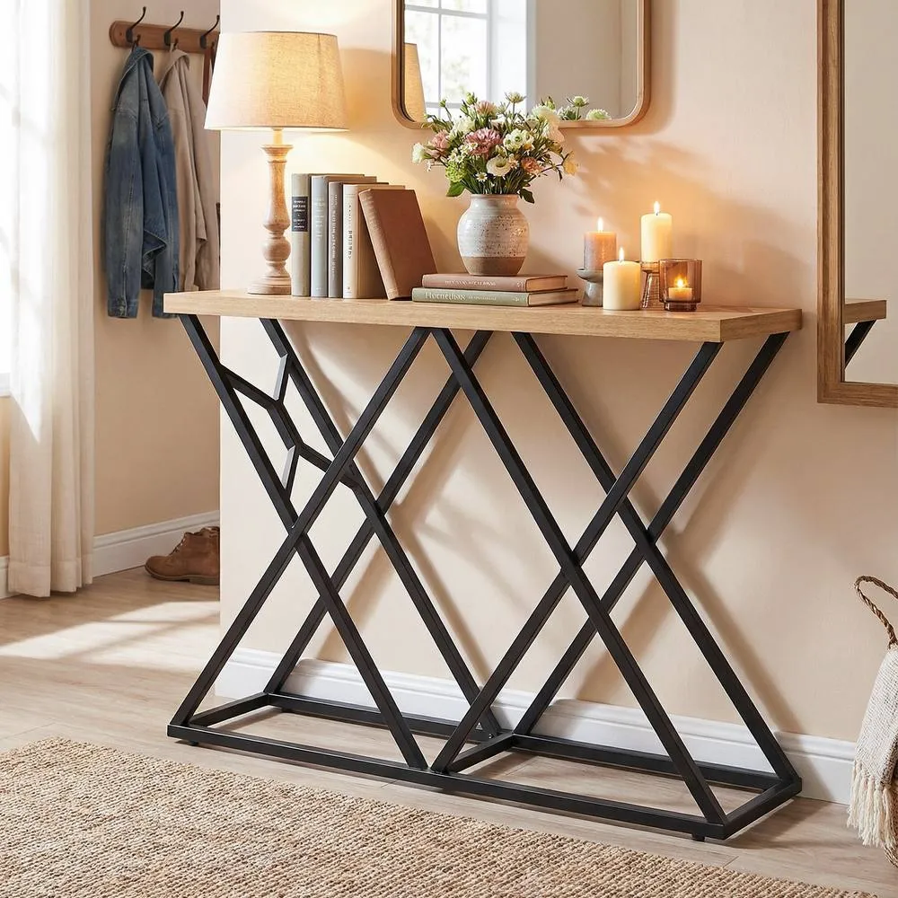 Costway 140CM Console Table Farmhouse Entryway Table with Metal Base Black in Brown
