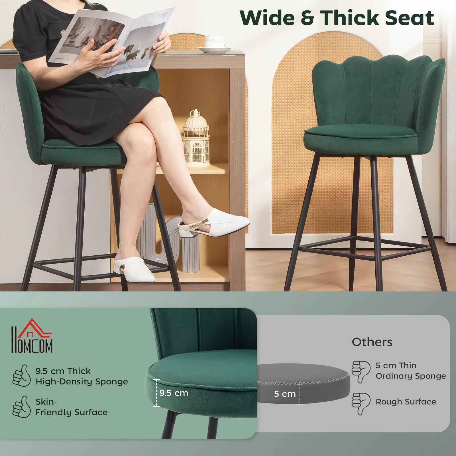 HOMCOM Set of 2 Barstools with Petal Backrest for Kitchen Island in Dark Green 4