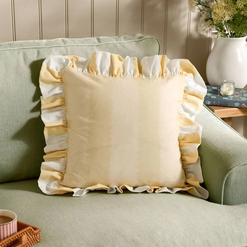 Wylder Birdie Stripe 100% Cotton Ruffle Cushion in Bright Yellow