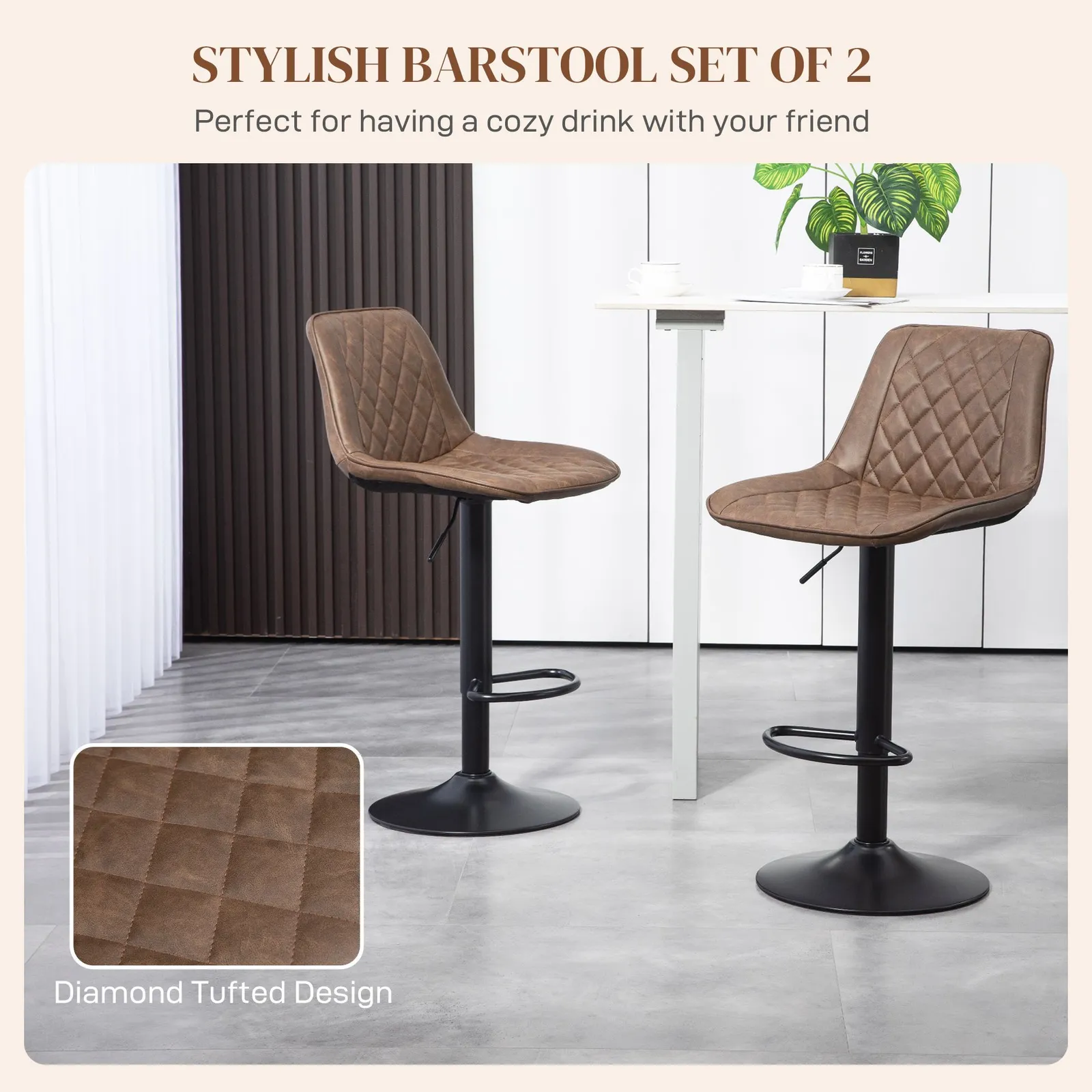 HOMCOM Bar Stools Set of 2, Adjustable Bar Chairs Swivel for Kitchen Brown 4