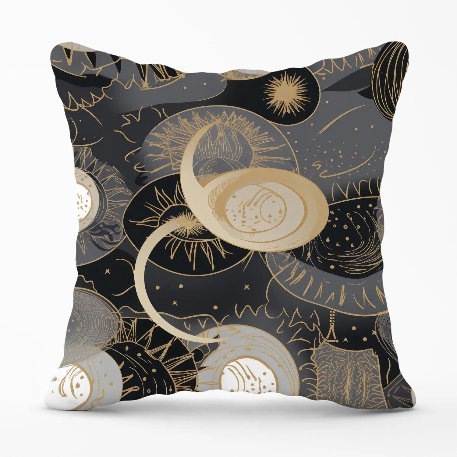 Warren Reed - Designer Abstract Silver Gold Sun & Moon Outdoor Cushion in Grey