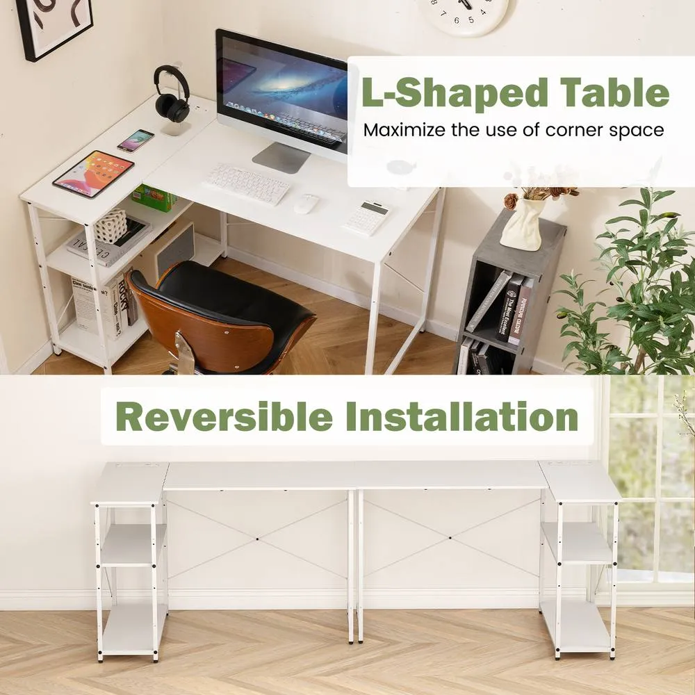 Costway L-shaped Computer Desk w/Power Outlet Workstation w/Reversible Shelves in White 6